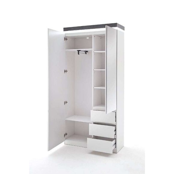 Šatníková skriňa s policami a zásuvkami Aston 91 x 198 x 38 cm / Matná Biela / s LED osvetlením